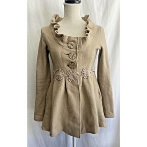 Charlie & Robin Anthropologie Tan Brown Boiled Wool Ruffle embroidered Jacket S